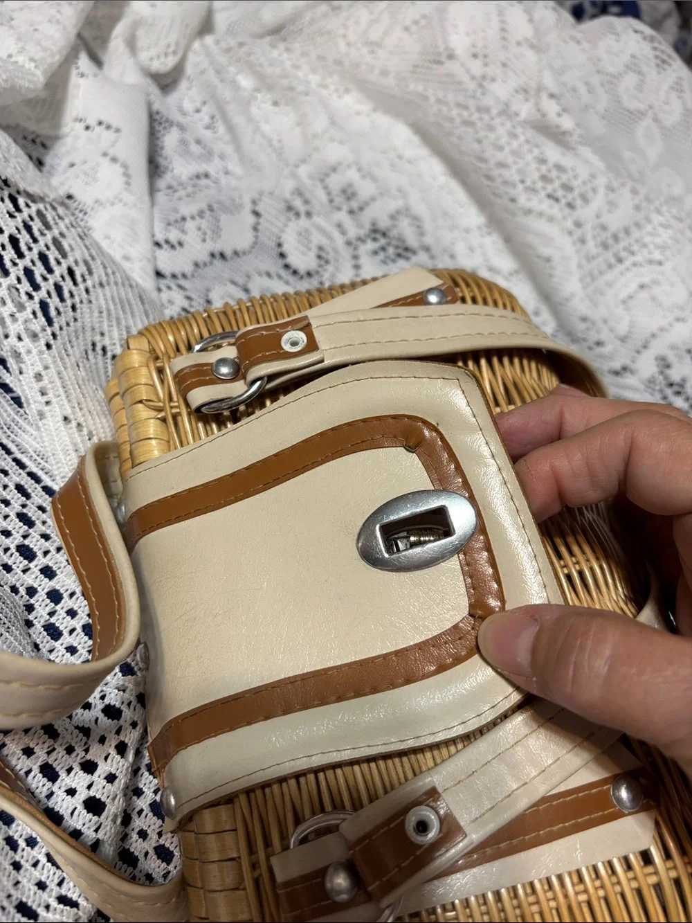 Woven Rattan Handbag with Cream & Tan Accents